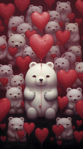 Foto osos de peluche con globos de corazón rojo celebraciones del día de san valentín papel de pared fondo ia generativa