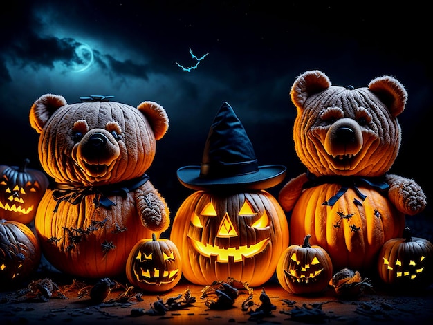 Osos de peluche de horror con calabazas de Halloween en un fondo oscuro