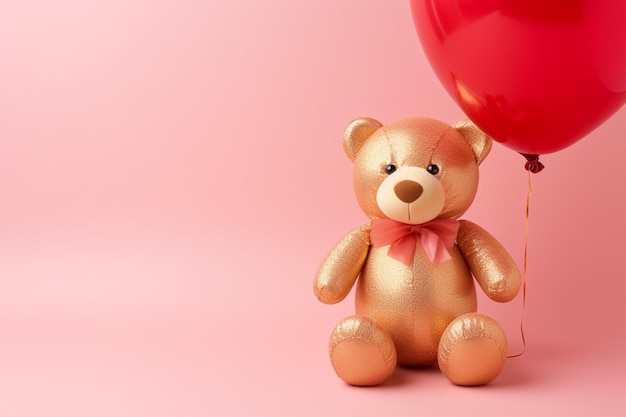 Osos de peluche lindos sosteniendo una pelota de corazón rojo sobre fondo rosa Concepto de tarjeta de felicitación de San Valentín o cumpleaños