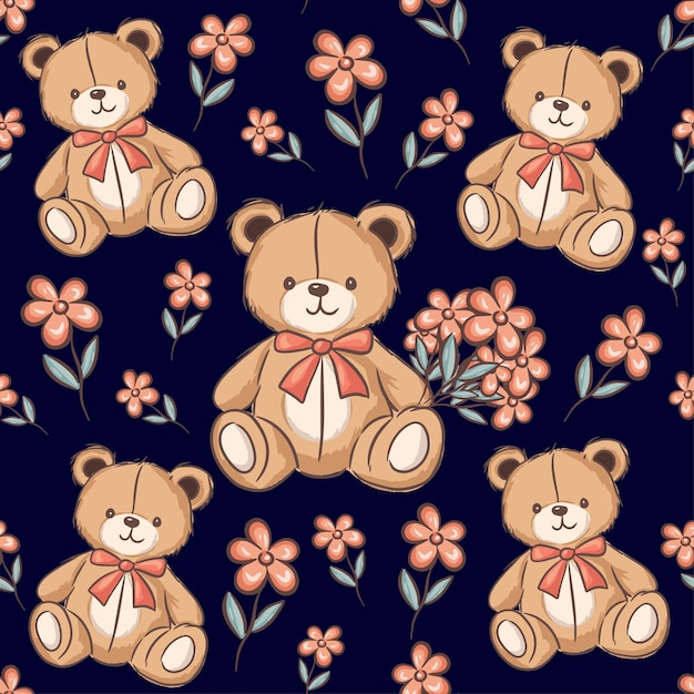 Osos de peluche con patrones florales sin costuras sobre un fondo azul oscuro para diseños y artesanías lúdicas
