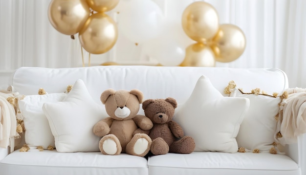 Los osos de peluche se sientan en el sofá con almohadas en una fiesta de cumpleaños infantil