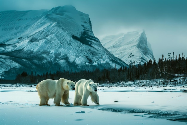Foto los osos polares caminan por un paisaje nevado con majestuosas montañas como telón de fondo