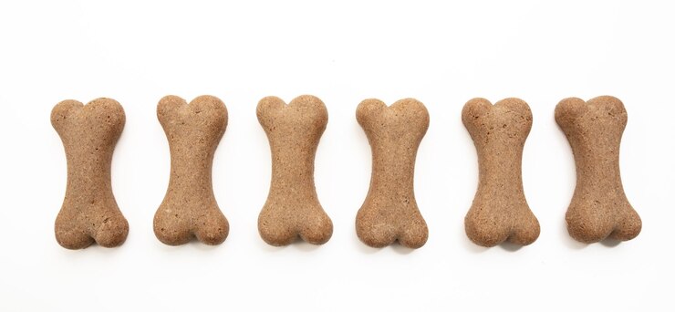 Foto osso em forma de biscoito de comida de cachorro isolado no fundo branco