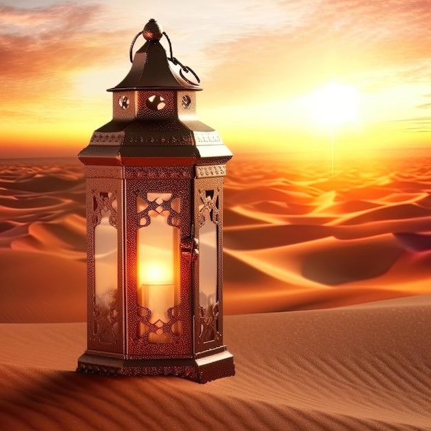 Ostarabische Laterne auf dem Hintergrund der Wüste mit einem wunderschönen Sonnenuntergang. Generative KI