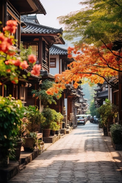 Ostchina Straße Tageslicht Häuser Blumen Fahrzeug Klarheit warm