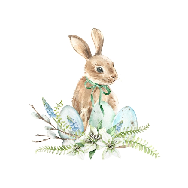 Oster Aquarell-Komposition mit Kaninchen-Eiern, Muscari-Blüten und Farnblättern