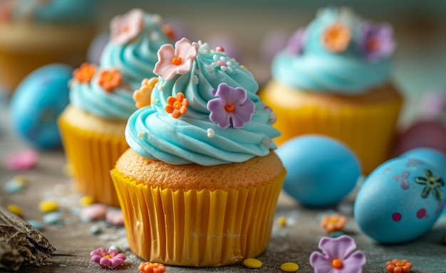 Oster-Cupcakes gefüllt mit blauen und orangefarbenen Eiern und Blumen