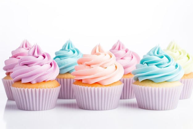 Oster-Cupcakes mit pastellfarbenem Regenbogen-Zuckerguss auf weißem Hintergrund
