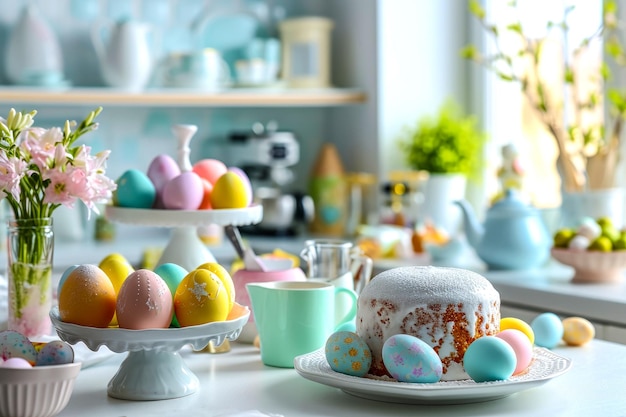 Foto oster-easter-eier und osterkuchen auf dem tisch in einem hellen innenraum