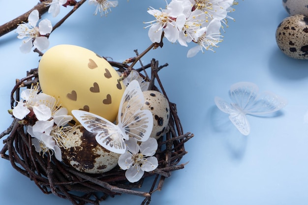 Oster-Eggs im Nest mit Blumen und Schmetterlingen auf blauem Hintergrund