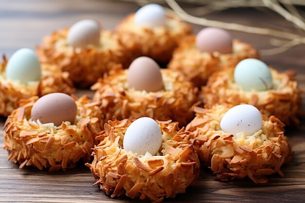 Foto oster-eier-nest-kekse kokosnuss-makaronen mit mini-schokolade-eiern