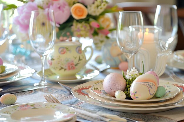 Oster Eleganz Ein festlicher Brunch-Tisch mit pastellfarbenen Akzenten und traditionellen Berührungen zur Begrüßung