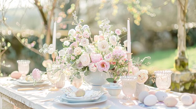 Oster-Tischgestaltung mit bemalten Eiern, Frühlingsblumen und Geschirr