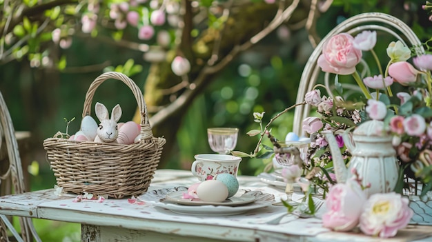 Oster-Tischgestaltung mit bemalten Eiern, Frühlingsblumen und Geschirr