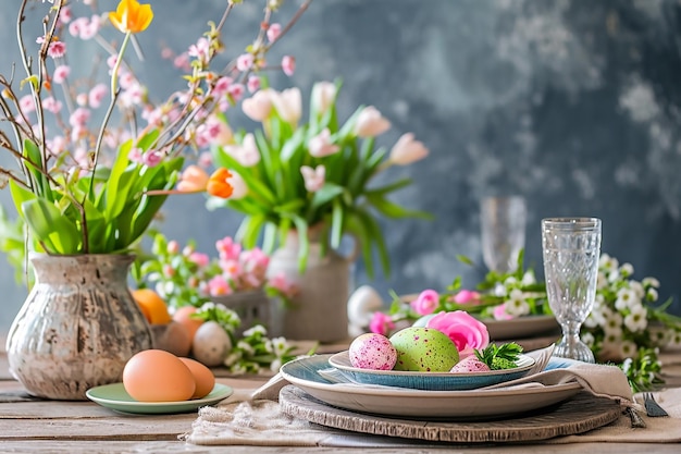 Foto oster-tischgestaltung mit frühlingsblumen und oster-eiern