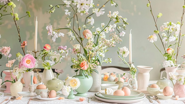 Oster-Tischlandschaft Dekoration Blumen-Ferien-Tischdekoration für Familienfeiern Frühlingsblumen Oster-Eier Osterhase und Vintage-Dinnerware Englisch Country- und Home-Styling