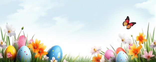 Osterbanner mit bunten Eiern, Gras und Blumen mit leerem Kopienraum