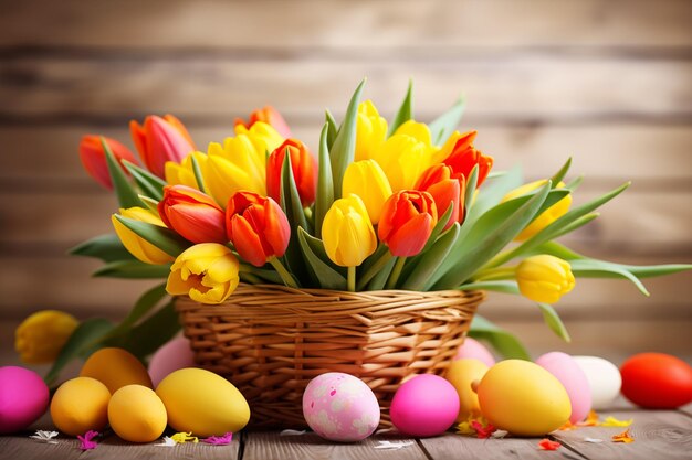 Osterbild mit einem Korb voller bunter Tulpen und farbigen Eiern am Tisch