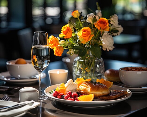 Osterbrunch-Feiern charmant geschmückte Tischgebäck lebhafte Oster-Leckereien frisches Obst Assortme