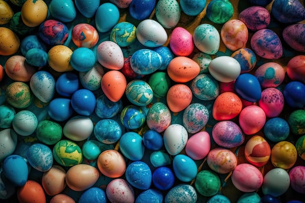 Osterei-Hintergrund mit hellen Farben Hintergrund von mehreren bemalten Ostereiern Top Shot