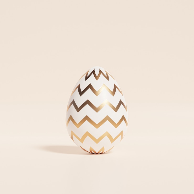 Foto osterei mit goldenem chevron- oder zickzackmuster auf beiger wand, frühlings-april-feiertagskarte, 3d-illustrationsrender