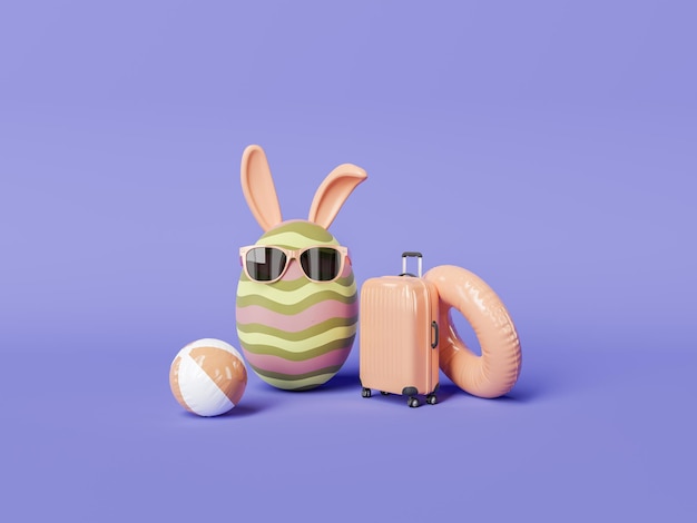 Osterei mit Sonnenbrille und Hasenohren mit Reisezubehör. 3D-Rendering