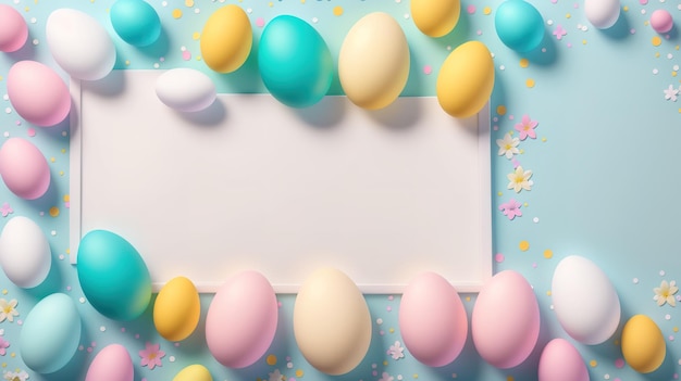 Ostereier auf blauem Hintergrund mit einem weißen Banner mit der Aufschrift „Ostern“.