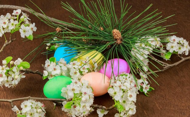 Ostereier auf blühenden farbigen Eiern Frühlingsblumen