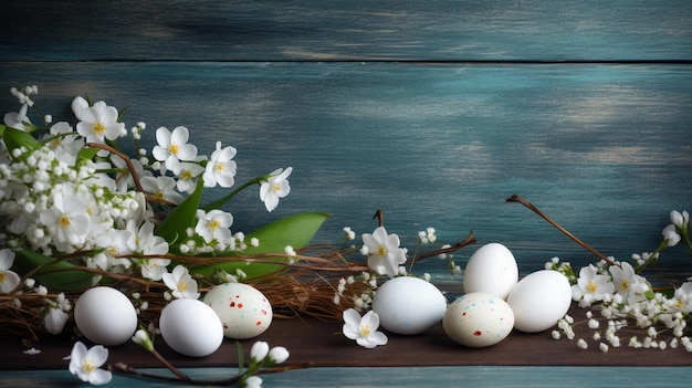 Ostereier auf einem Holzbrett mit Blumen