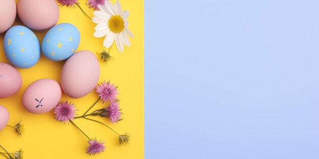 Ostereier auf gelbem und blauem Hintergrund mit Gänseblümchen und einem rosa Ei