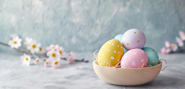 Foto ostereier auf pastellfarbenem hintergrund mit blumen frühlingskomposition mit kopierraum