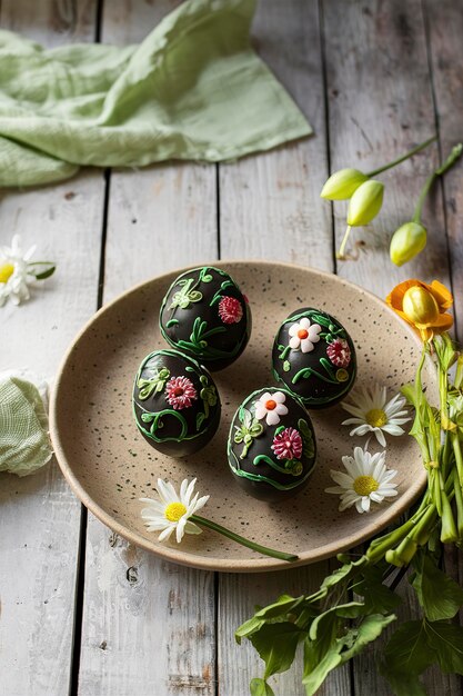 Ostereier, die mit dunkelgrünem Karamell und Blumen geschmückt sind