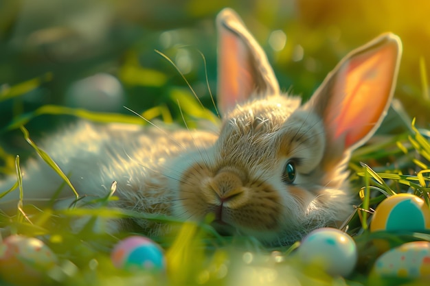 Foto ostereier im frühlingsgras mit einem niedlichen kaninchen darunter