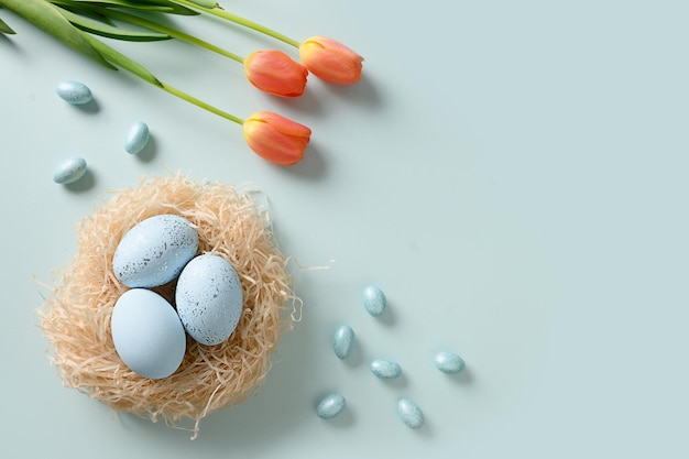 Ostereier im Nest auf blauem Hintergrund