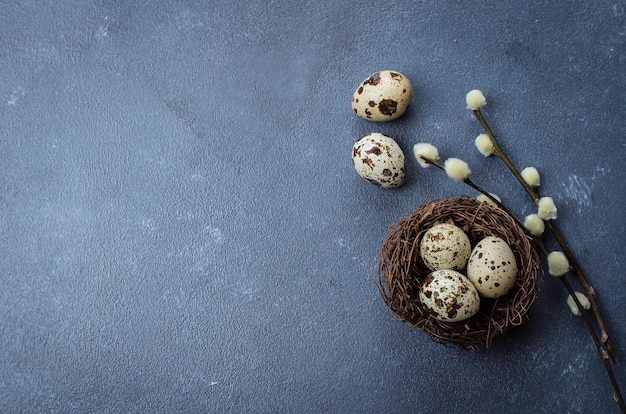 Ostereier im Nest mit Weide auf konkretem Tabellenhintergrund des blauen Steins.