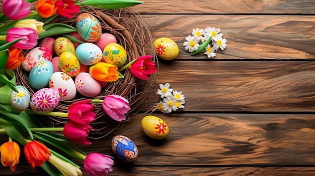 Ostereier im Vogelnest und Blumen auf dem Holzboden Konzept des fröhlichen Ostertages