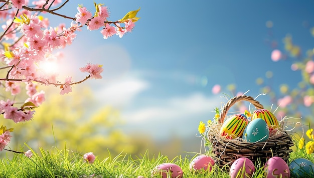 Ostereier in einem Korb unter blühenden Zweigen Konzept von Ostern und Frühling