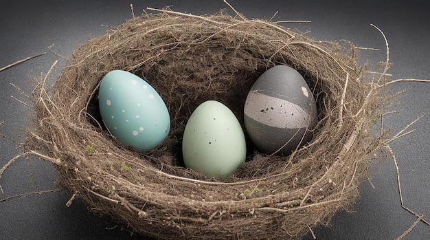 Ostereier in einem natürlichen Nest mit Vogeleiern auf schwarzem Hintergrund, Ansicht von oben und horizontal