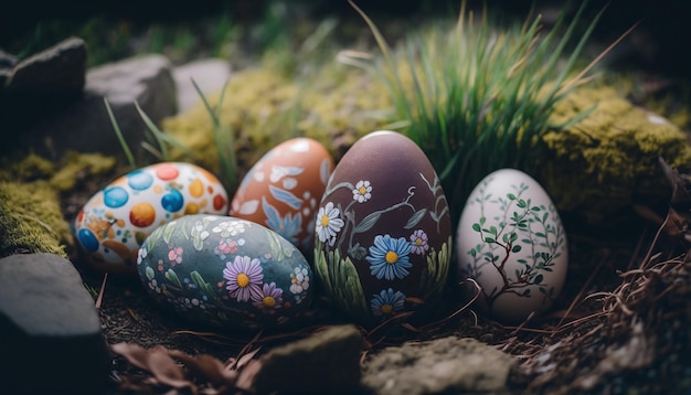 Ostereier in einem Nest mit Blumen und Gras