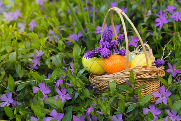 Ostereier in einem Weidenkorb in Blumen. Osterkonzept.