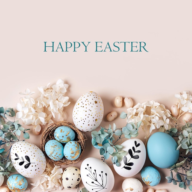 Ostereier mit Süßigkeiten und Blumen auf beige Fröhliches Osterkonzept Weiße und blaue Eier und niedliches Nest mit Süßigkeiten