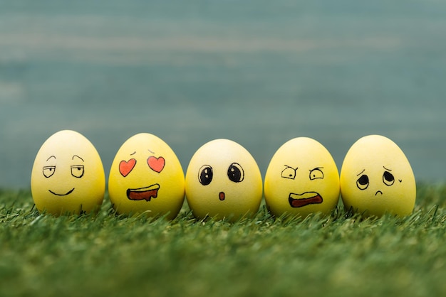 Ostereier mit unterschiedlichen Gesichtsausdrücken auf Gras