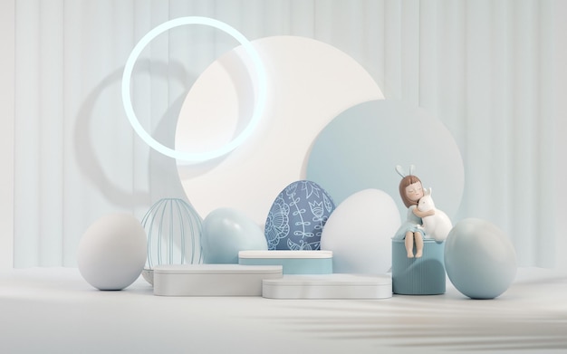 Ostereier-Podium mit 3D-Rendervektor auf pastellblauem und violettem Hintergrund