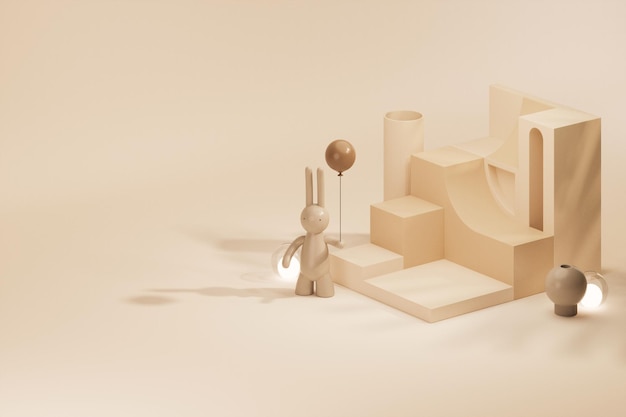 Ostereier-Podium und Hase in Pastellcreme und beigem Szenenhintergrund 3D-Render