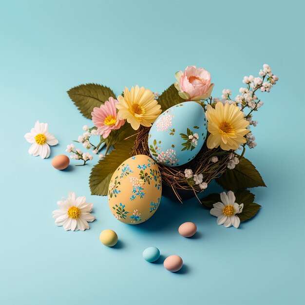 Ostereier und Blumen auf hellblauem Hintergrund