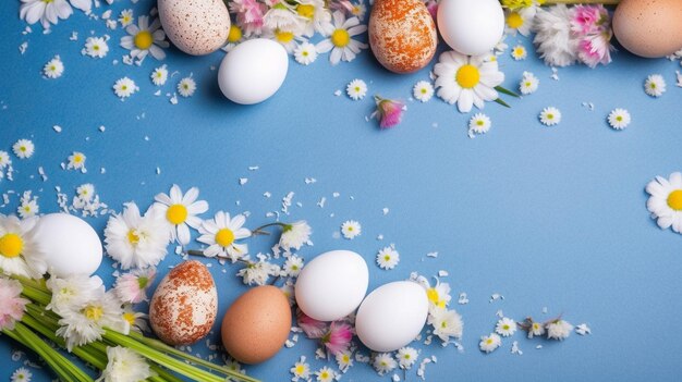 Ostereier und Frühlingsblumenrand auf blauem Hintergrund