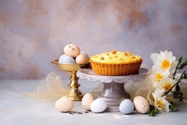 Ostereier und Kuchen auf grauem Tischhintergrund Glücklicher Ostern-Hintergrund für den Frühlingsurlaub Karte mit einem.
