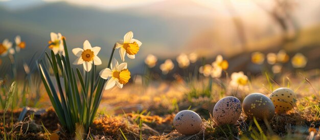 Foto ostereier und narzissen auf einem feld