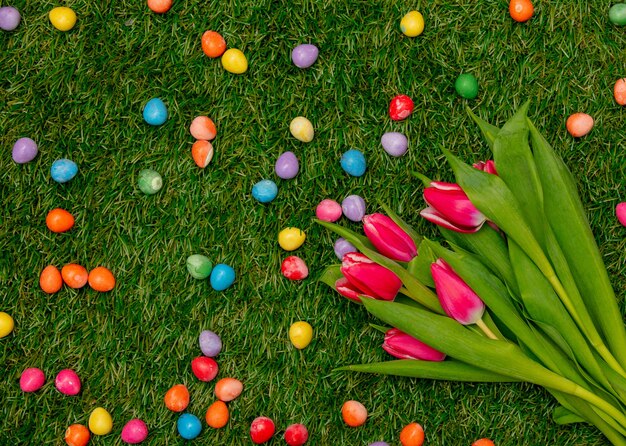 Foto ostereier und tulpen auf grünem gras.