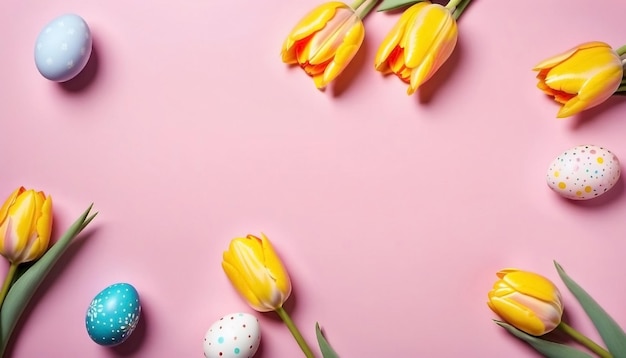 Ostereier und Tulpen auf rosa Hintergrund Glücklicher Ostern Vorlage Banner KI generiert